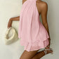 Halter Neck Ruched Mini Dress in soft pink chiffon with ruffles