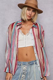 PINK STRIPE POL Striped Button-Down Oversized Shirt | Daverri Fashions