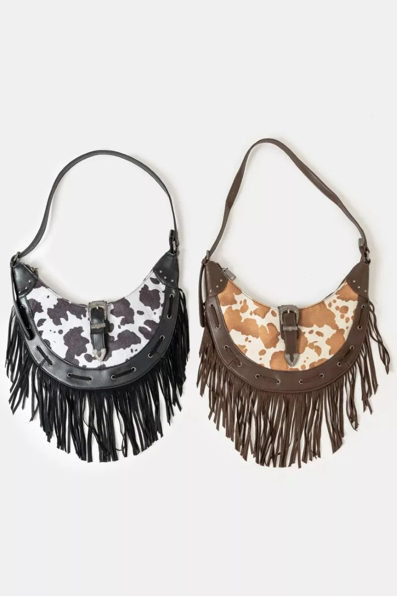 Cow Print Faux Leather Fringe Hobo Bag | Hobo Bags Daverri Fashions