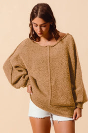 SO ME Loose Fit Exposed Seam Slouchy Boucle Sweater Taupe | Sweaters Daverri Fashions