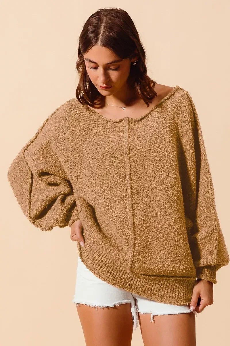 SO ME Loose Fit Exposed Seam Slouchy Boucle Sweater Taupe - DAVERRI FASHIONS
