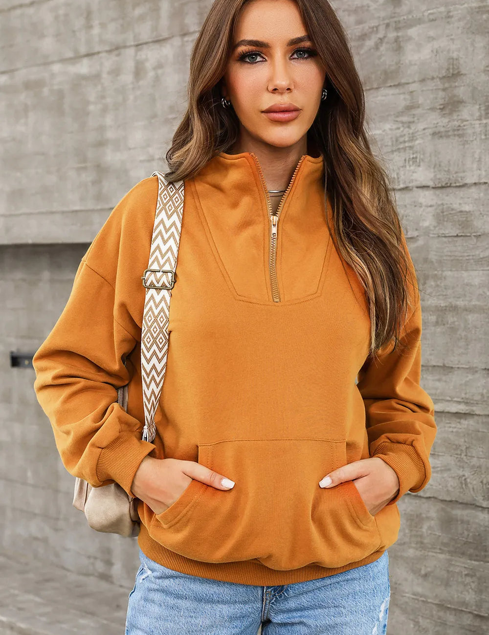 Caramel Quarter Zip Dropped Shoulder Sweatshirt | Sweatshirts Daverri Fashions