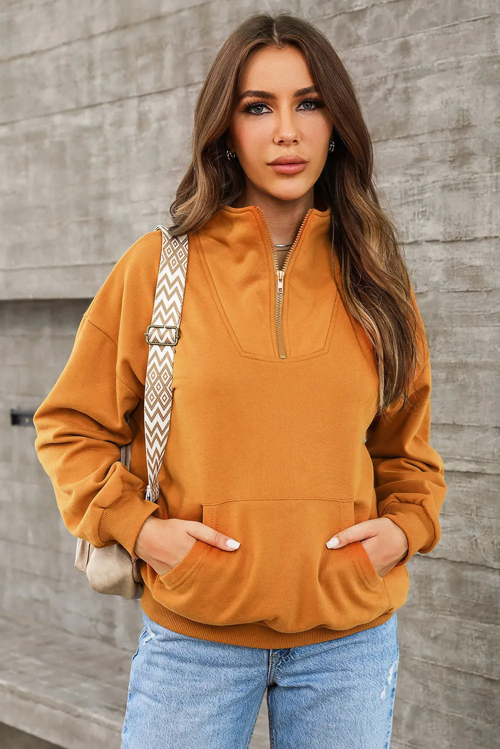 Caramel Quarter Zip Dropped Shoulder Sweatshirt | Sweatshirts Daverri Fashions