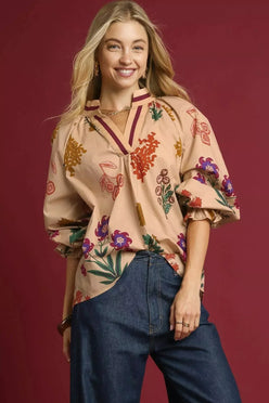 Umgee Floral Print Flounce Sleeve Blouse - DAVERRI FASHIONS