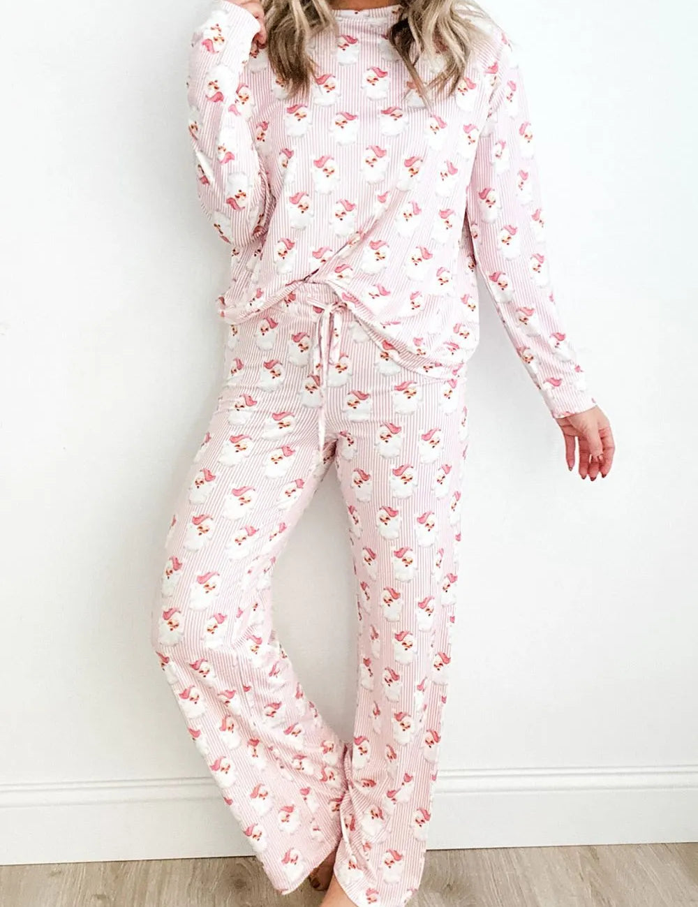 Blush Pink Santa Print Long Sleeve Top and Pants Lounge Set | Loungewear Sets Daverri Fashions
