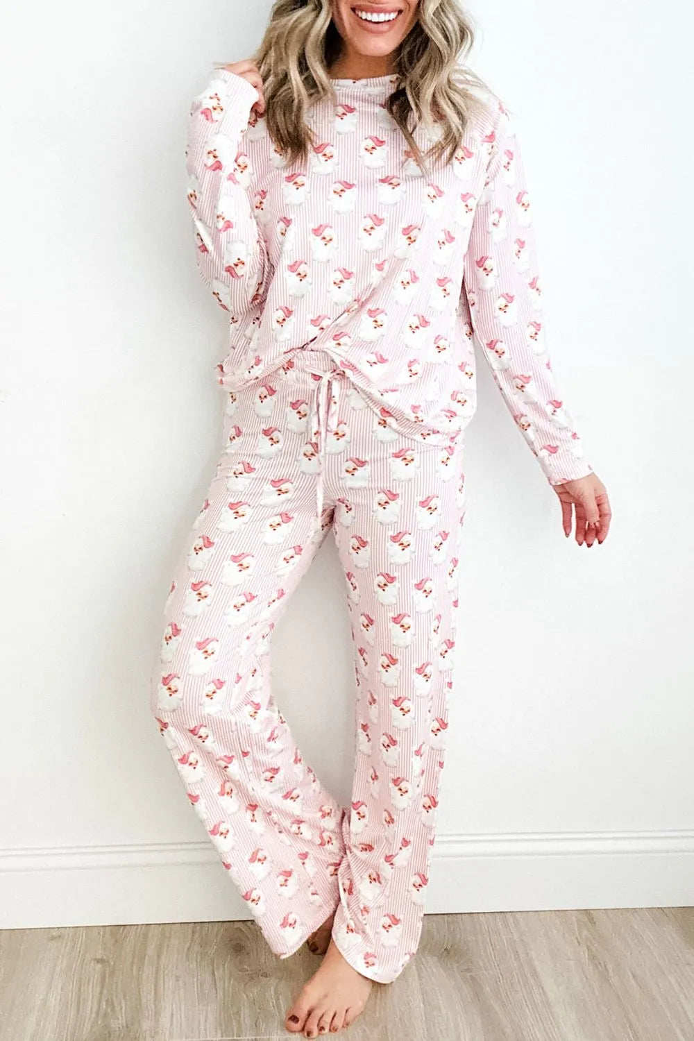 Blush Pink Santa Print Long Sleeve Top and Pants Lounge Set | Loungewear Sets Daverri Fashions