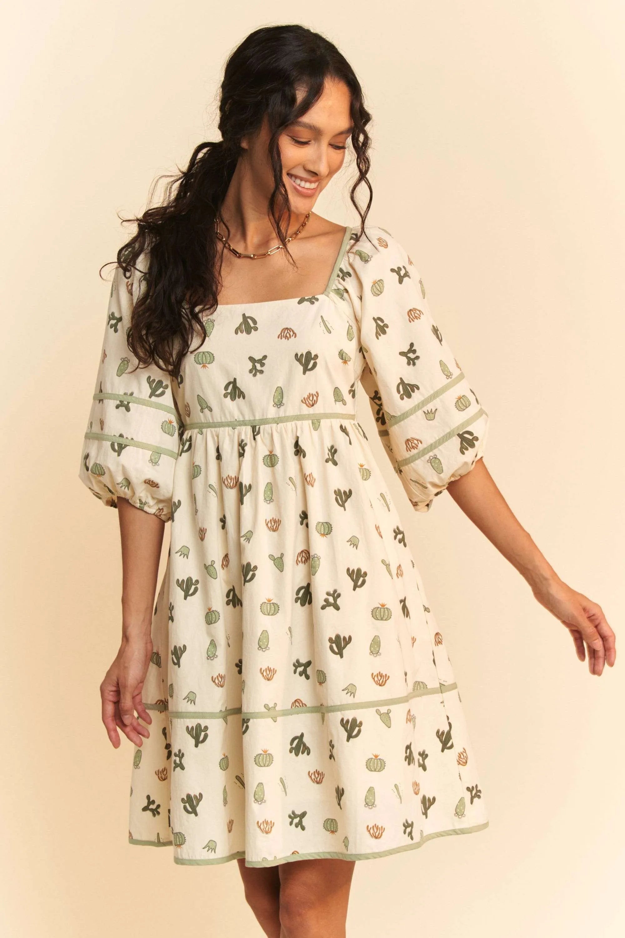 Davi & Dani cactus printed poplin mini dress with puffy sleeves