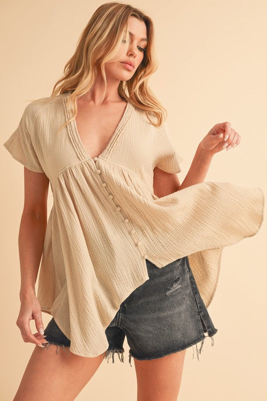 Aemi + Co Tuck Detail V-Neck Short Sleeve Blouse Blouses