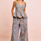 BiBi Floral Printed Drawstring Wide Pants in light blue with peplum waist
