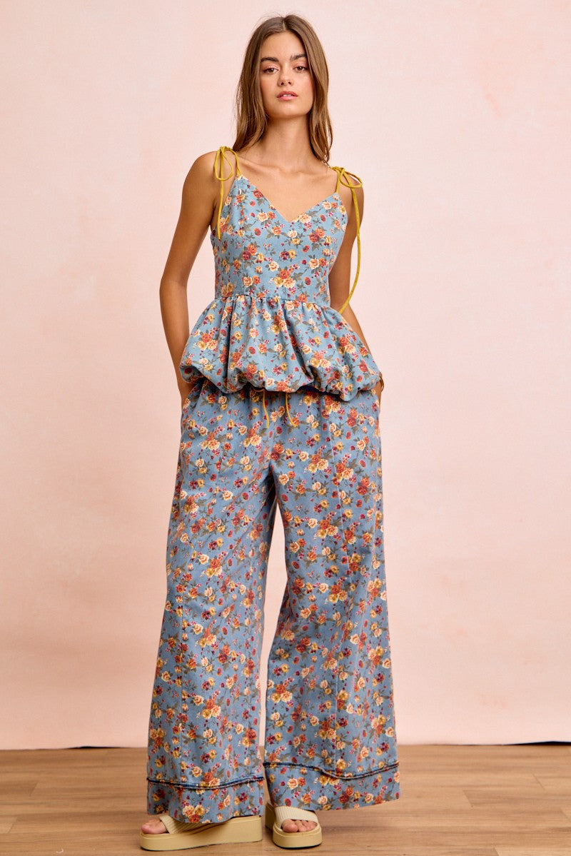 BiBi Floral Printed Drawstring Wide Pants in light blue with peplum waist