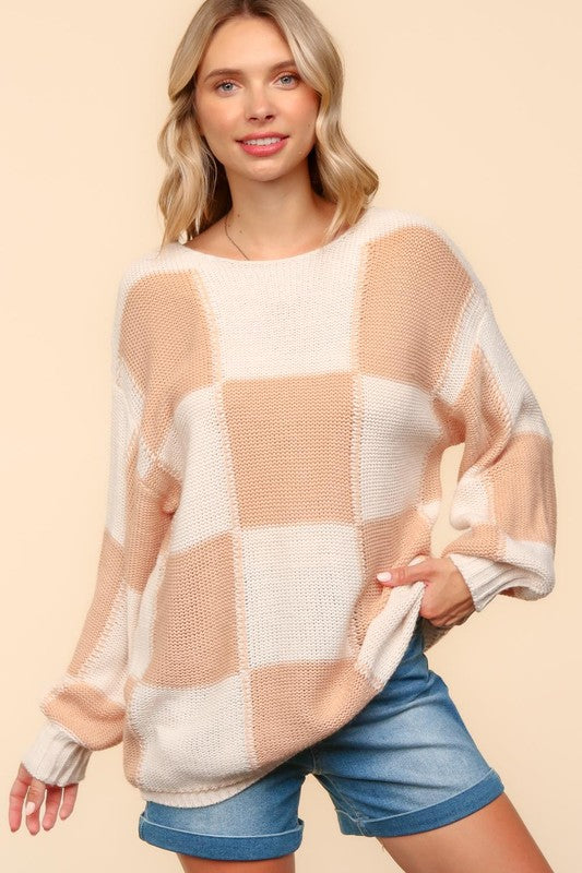 Haptics Full Size Checkered Round Neck Drop Shoulder Sweater Apricot Tops