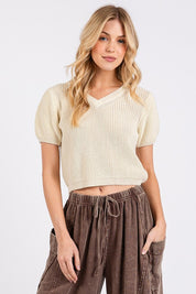 Mittoshop V-Neck Short Sleeve Crop Sweater Cream