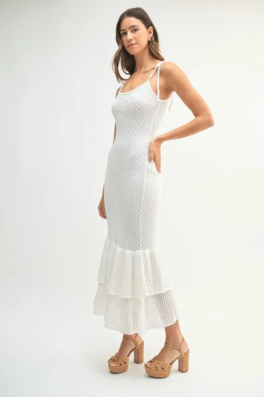 MABLE Sleeveless Shoulder Tie Rose Knit Midi Dress