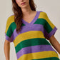 SO ME Mardi Gras V-neck sweater with purple, green, yellow stripes