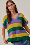 SO ME Mardi Gras V-neck sweater with purple, green, yellow stripes