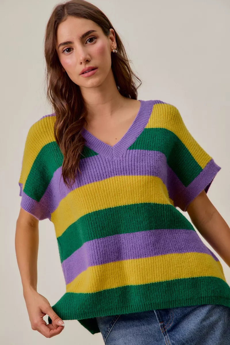 SO ME Mardi Gras V-neck sweater with purple, green, yellow stripes