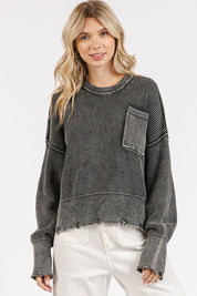 Mittoshop Distressed Hem Round Neck Dropped Shoulder Sweater Dark Gray