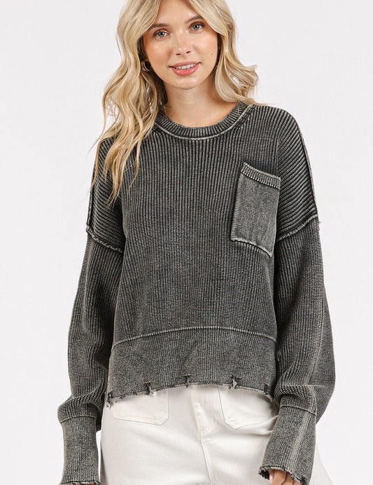 Mittoshop Distressed Hem Round Neck Dropped Shoulder Sweater Dark Gray