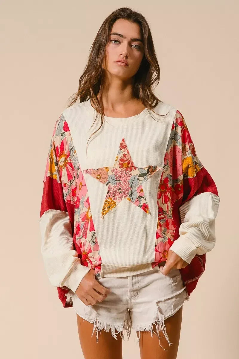 BiBi Floral Print Mixed Star Patch Round Neck Sweatshirt - DAVERRI FASHIONS