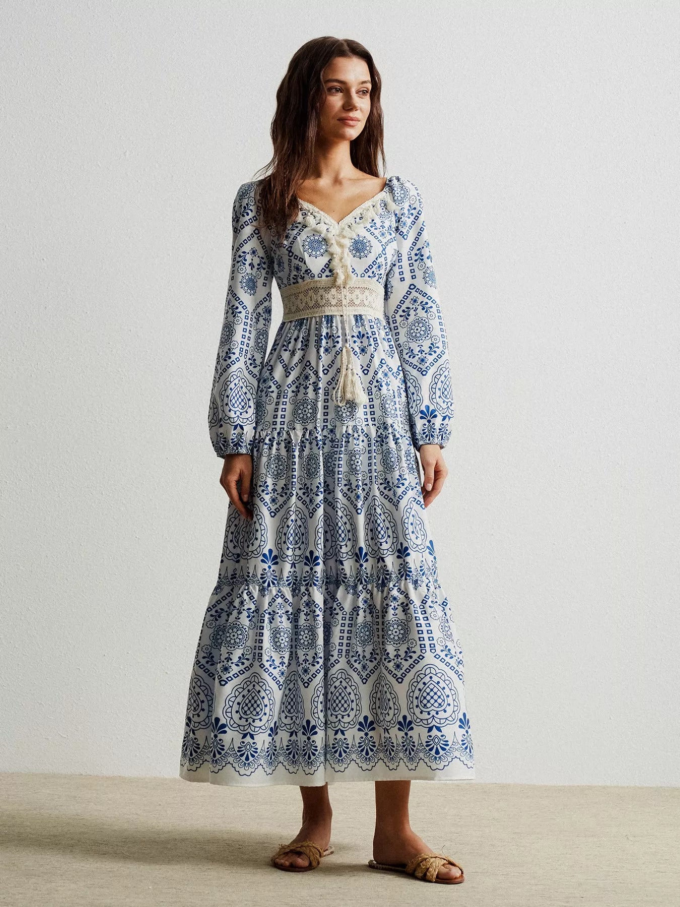 Blue and white bohemian print maxi dress with long sleeves and lace trim