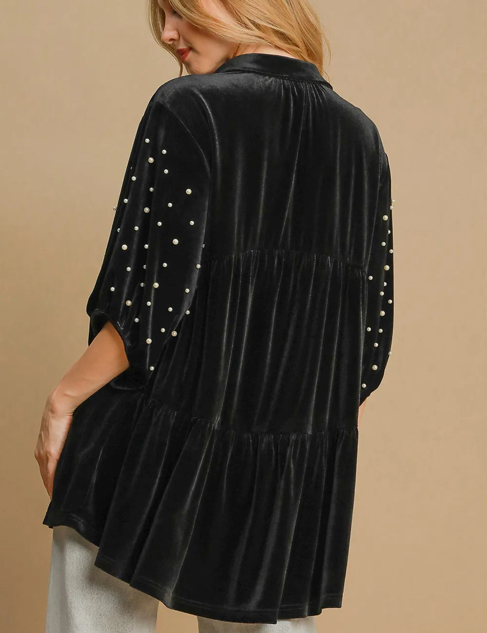 Umgee Pearl Detail Half Sleeve Velvet Babydoll Blouse | Daverri Fashions