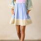 Striped patchwork ric rac puff sleeve collared mini dress in pastel lavender, blue, mint, cream