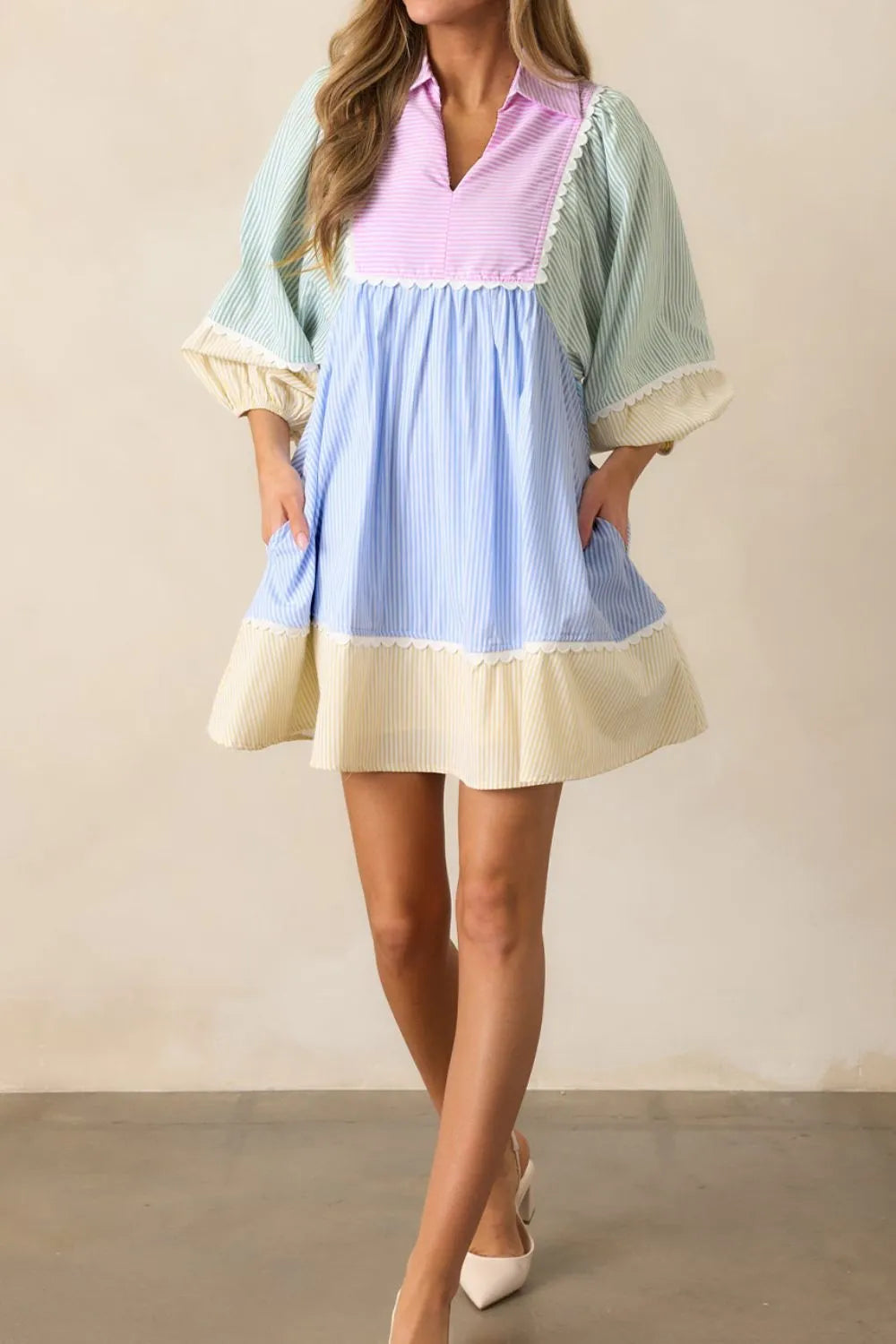 Striped patchwork ric rac puff sleeve collared mini dress in pastel lavender, blue, mint, cream