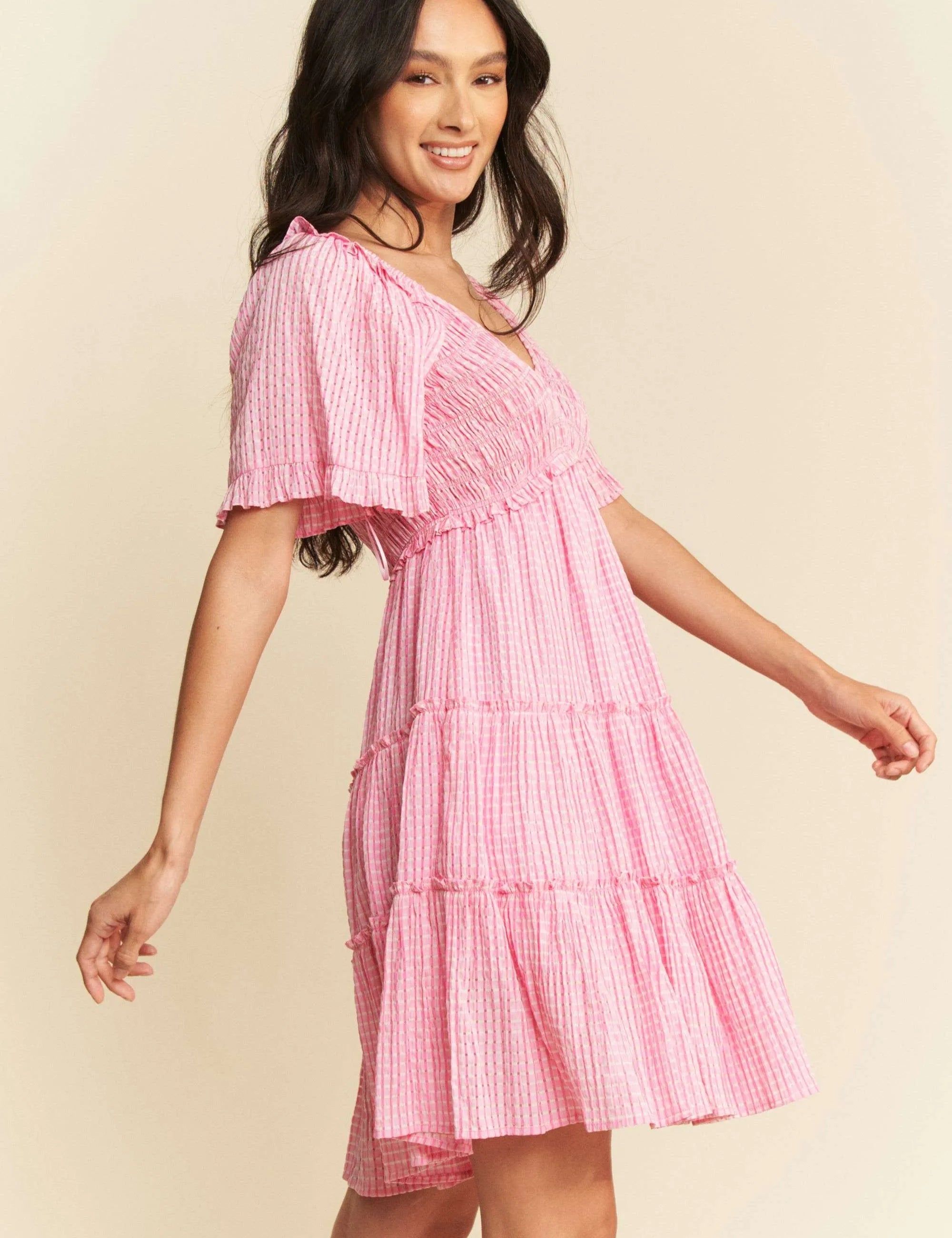 Davi & Dani Jacquard Checker Smocking Tiered Dress | Mini Dresses Daverri Fashions