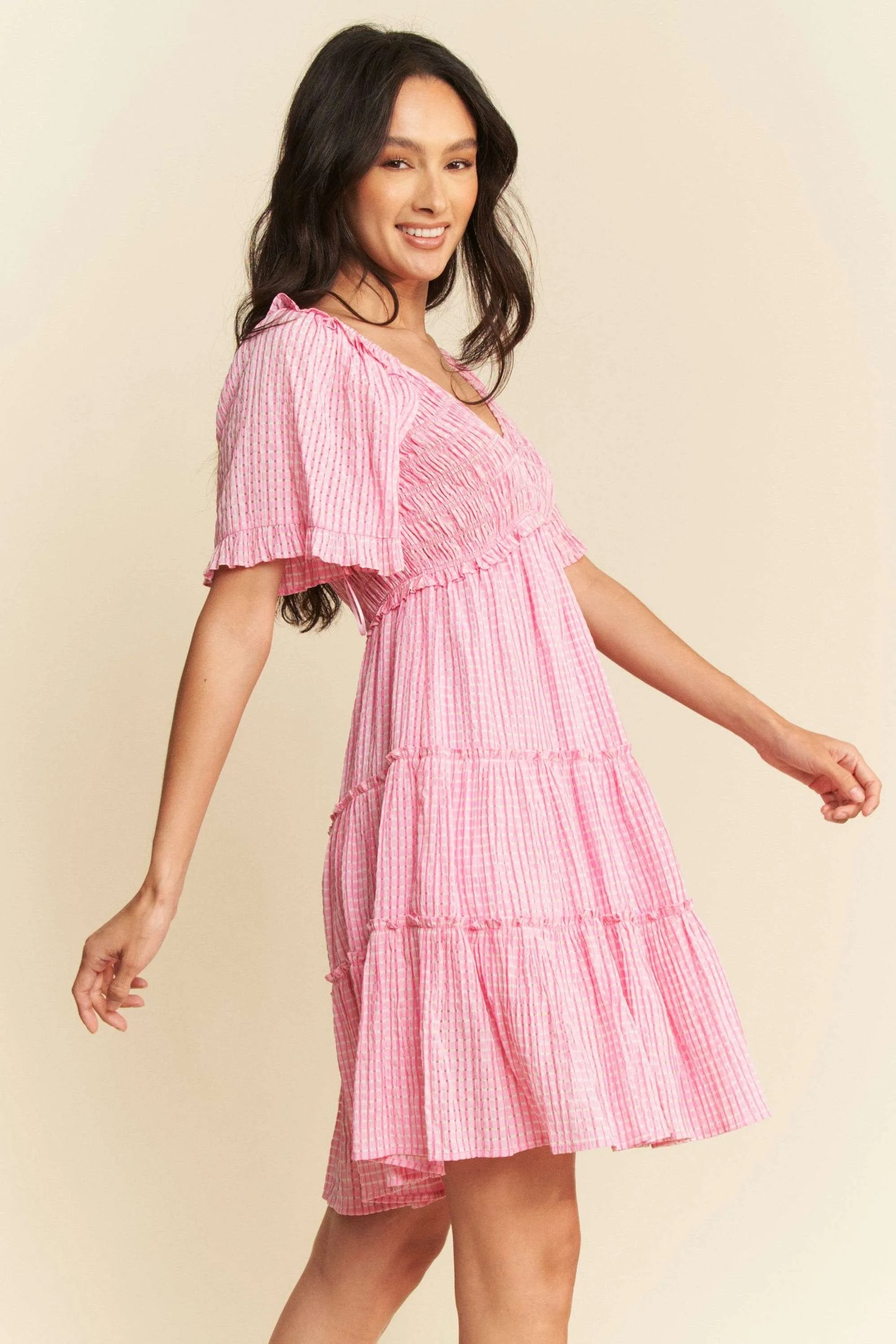 Davi & Dani Jacquard Checker Smocking Tiered Dress Mini Dresses