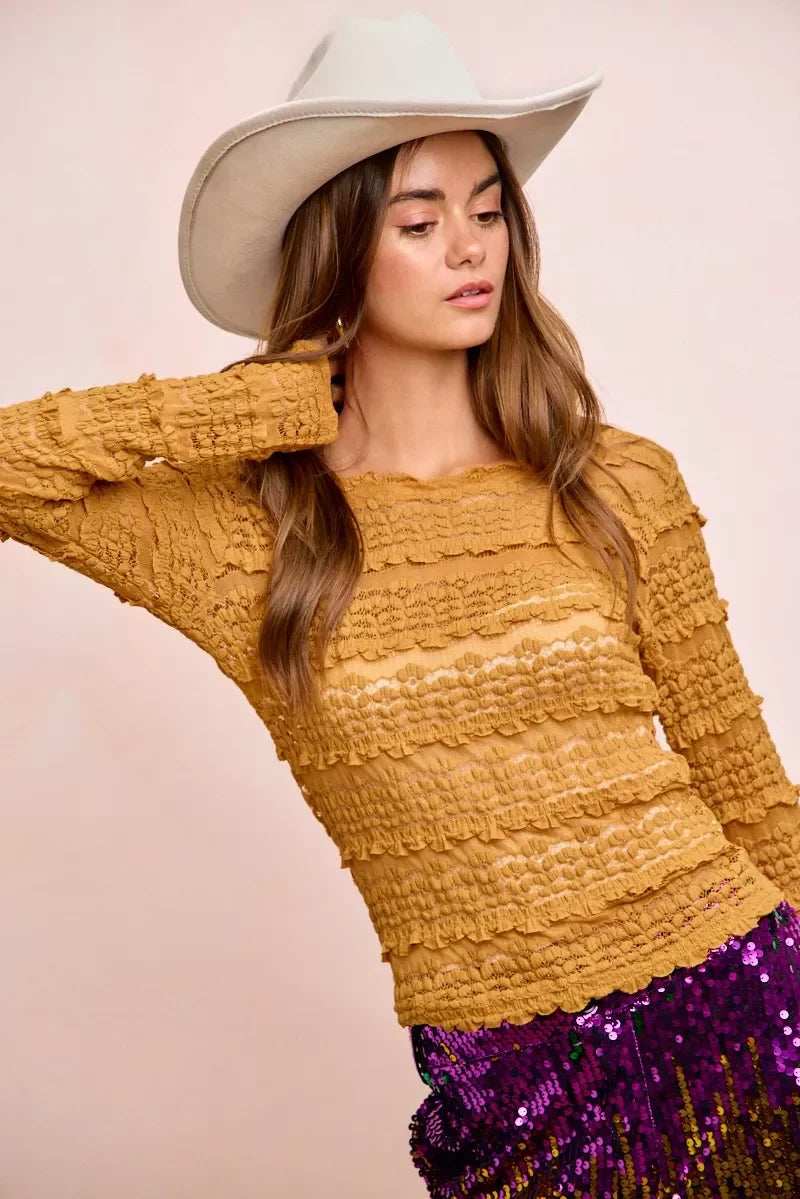 Mustard yellow textured sweater with ruffled crew neck details