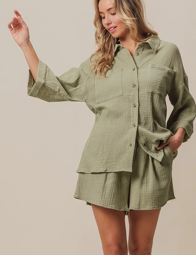BiBi Crinkle Gauze Shirt and Short Set | Outfit Sets Daverri Fashions