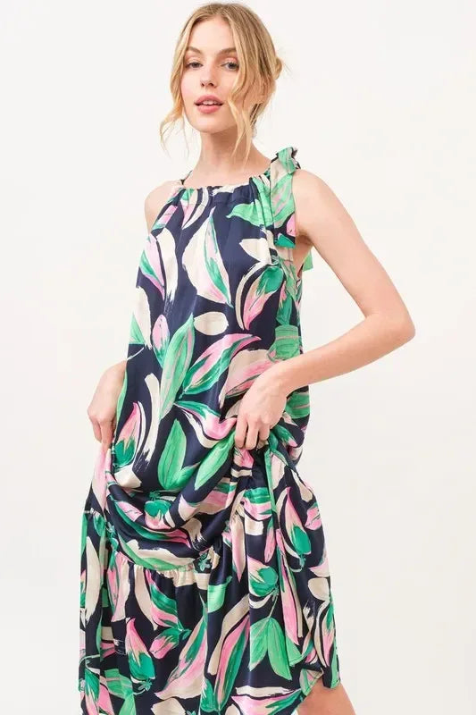 And The Why Botanical Printed Halterneck Tiered Maxi Dress - DAVERRI FASHIONS