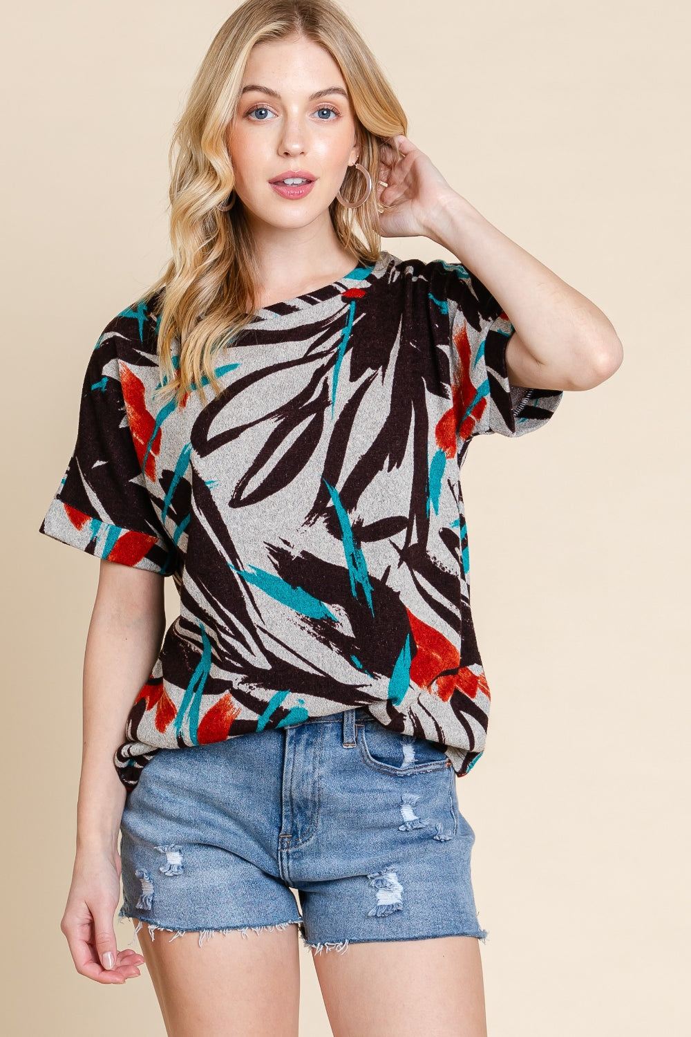 BOMBOM Printed Round Neck Short Sleeve T-Shirt Teal