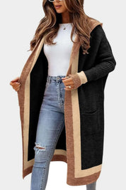 Pocketed Contrast Long Sleeve Hooded Cardigan | Cardigans Daverri Fashions