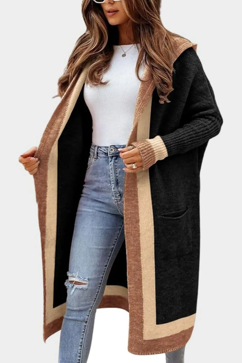 Pocketed Contrast Long Sleeve Hooded Cardigan | Cardigans Daverri Fashions