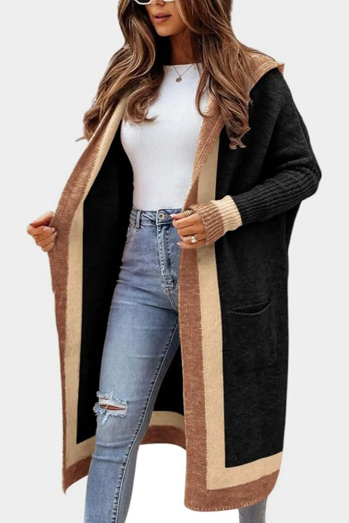 Pocketed Contrast Long Sleeve Hooded Cardigan | Cardigans Daverri Fashions
