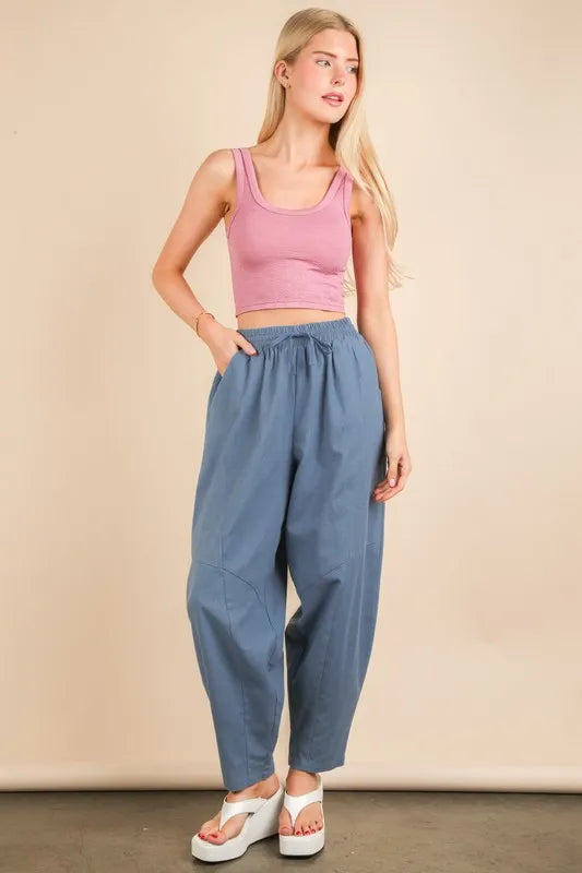 VERY J Denim Blue Solid Barrel Comfy Woven Pants Denim L Pants