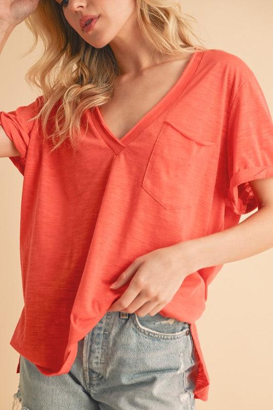 Aemi + Co Side Slit V-Neck Short Rolled Sleeve T-Shirt T-Shirts