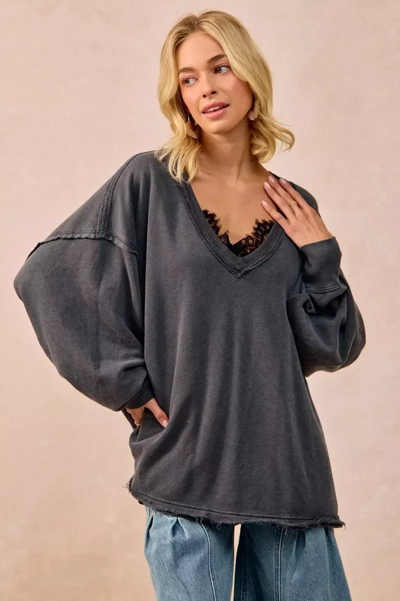 BiBi Mineral Washed French Terry Oversized Sweatshirt - DAVERRI FASHIONS