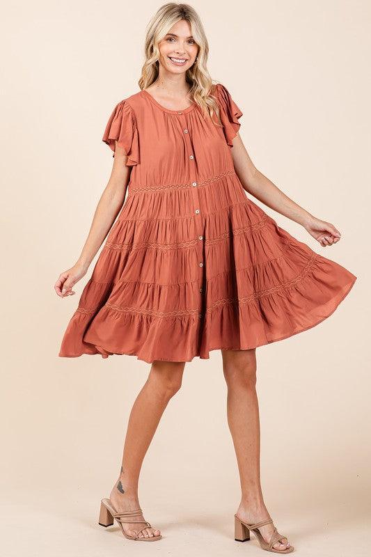 Mittoshop Lace Detail Ruffled Button Down Tiered Dress - DAVERRI FASHIONS