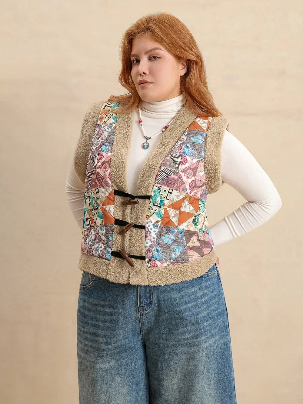 Plus Size Printed Sherpa Vest Coat - DAVERRI FASHIONS