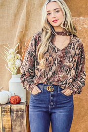 And The Why Choker Neck Dolman Sleeve Snake Print Top | Tops Daverri Fashions