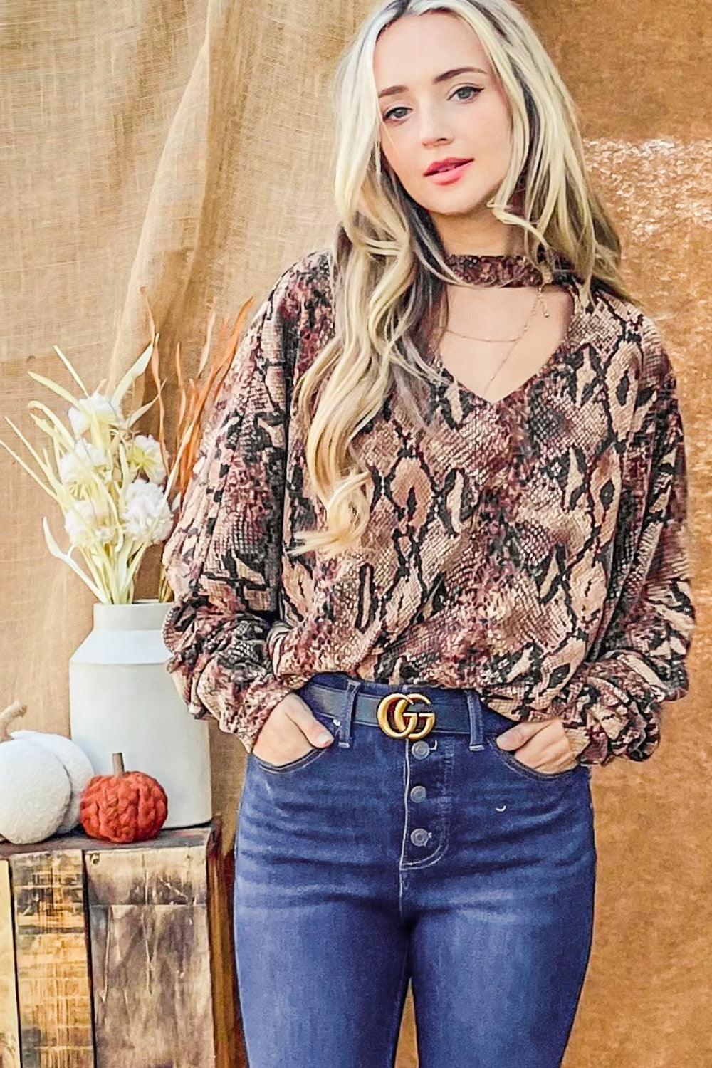 And The Why Choker Neck Dolman Sleeve Snake Print Top - DAVERRI FASHIONS