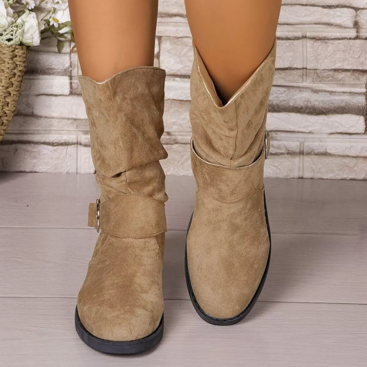 Khaki Round Toe Block Heels Boots | Boots Daverri Fashions