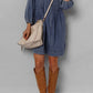 Tie Neck Long Sleeve Mini Denim Dress - DAVERRI FASHIONS