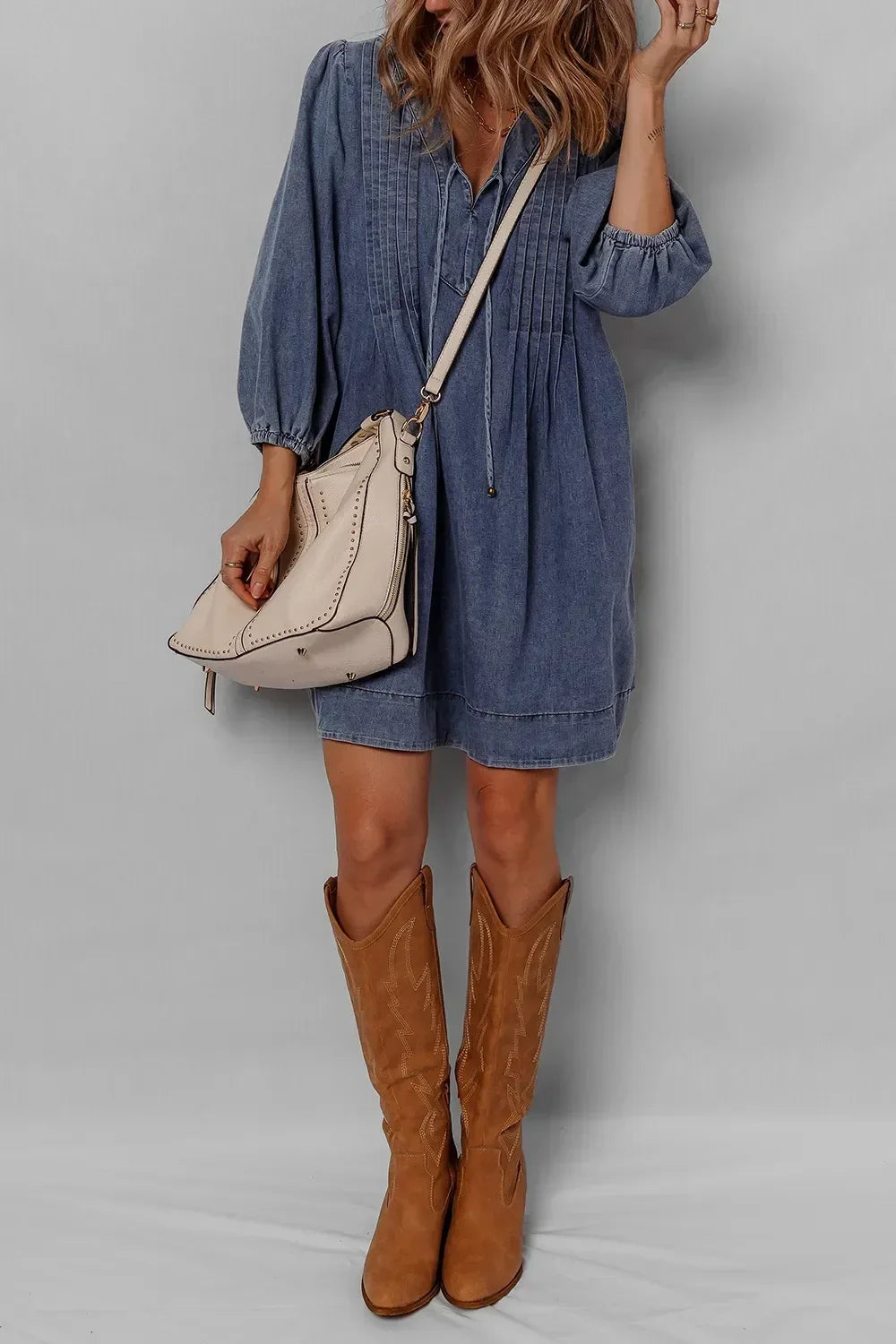 Tie Neck Long Sleeve Mini Denim Dress - DAVERRI FASHIONS