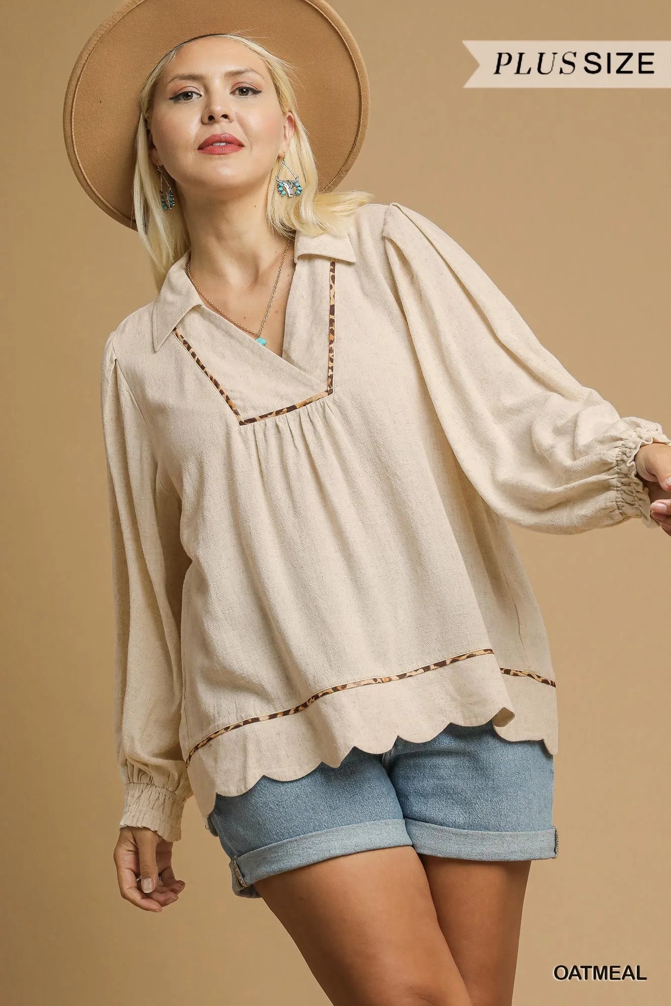 Umgee Full Size Linen Scallop Hem Blouse with Contrast Trim Plus Size | Daverri Fashions