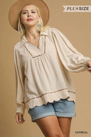 Umgee Full Size Linen Scallop Hem Blouse with Contrast Trim Plus Size | Daverri Fashions
