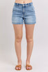 Judy Blue mid-rise light-wash denim shorts with 5-pocket design and rolled cuffs