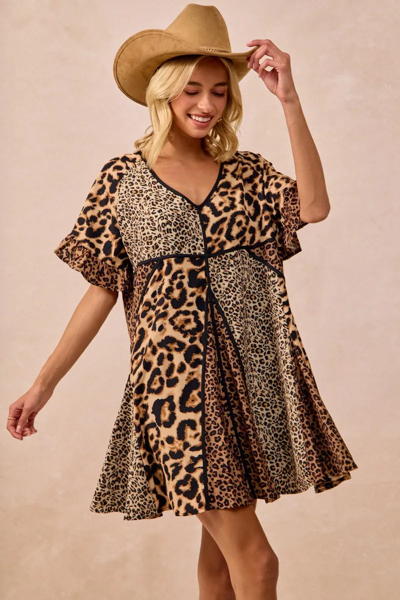 BiBi Leopard Prints Mix and Match Short Sleeves Dress Mini Dresses